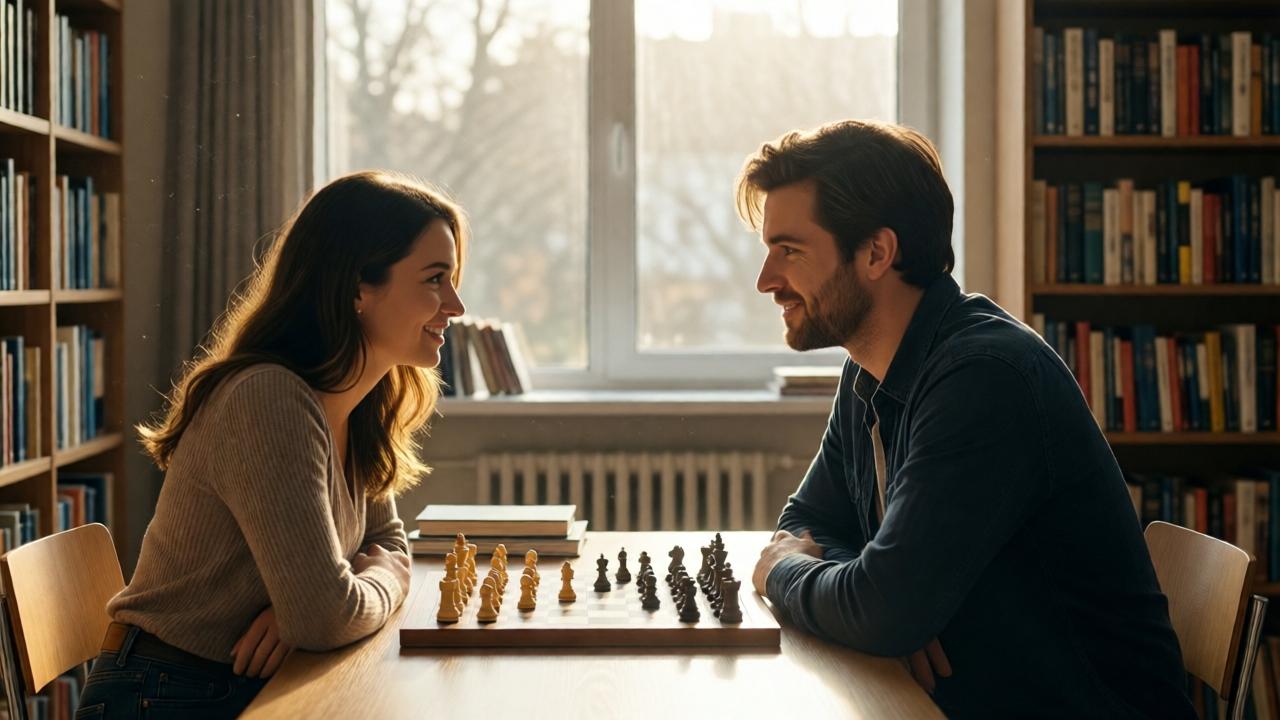 An intimate scene in a modern, light-filled home library. Amanda and Gabriel are seated across from each other at a table with a chessboard between them. Sunlight streams through large windows, illuminating dust motes in the air. They are leaning in, engaged in deep conversation, smiling. Books line the shelves behind them. The mood is warm, relaxed, and intellectually charged, showing the budding friendship and understanding between the two characters. The style is realistic with a soft, hopeful filter.