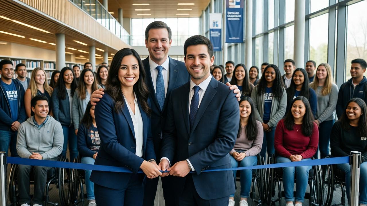 A modern, vibrant university library opening ceremony. Amanda, now a poised young professional, and Gabriel, confident in a sharp suit, are cutting a ribbon together. Esteban Morales stands proudly behind them, a hand on each of their shoulders. Behind them is a diverse crowd of smiling students, some in wheelchairs, all celebrating. The architecture is sleek and fully accessible. The mood is one of triumph, hope, and inclusive community. The lighting is bright and optimistic, with banners for the 'Morales-Gabriel Initiative' visible. A wide-angle shot capturing the scale of their achievement.