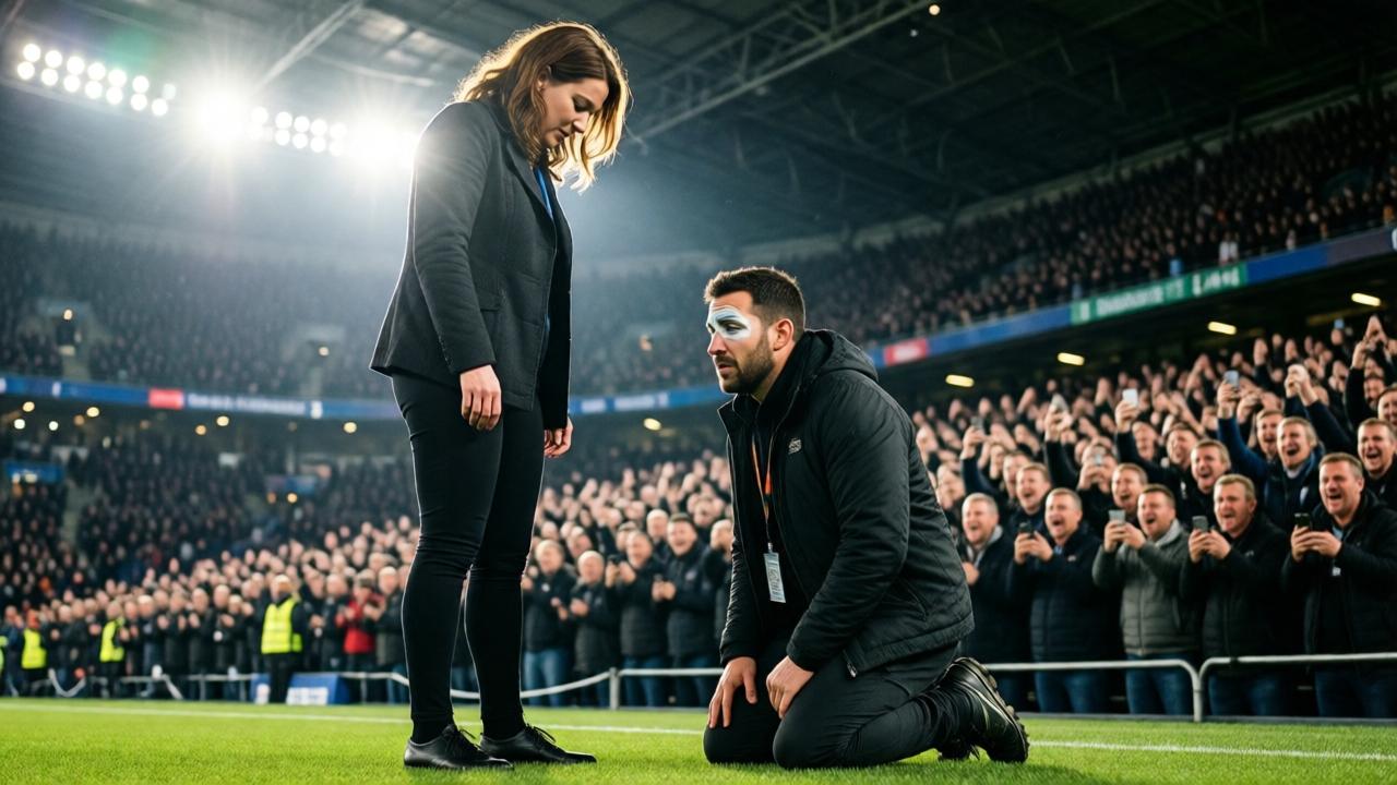 A dramatic low-angle shot from the stadium grass, looking up at Margaret standing tall, backlit by the stadium's powerful floodlights. She looks down calmly at Brian Mitchell, who is kneeling before her, his face a mask of shame and disbelief. The crowd in the out-of-focus background is a sea of raised phones and roaring faces. The style is photojournalistic, with high contrast, capturing the raw emotion and public spectacle. The mood is one of intense, historic reckoning.