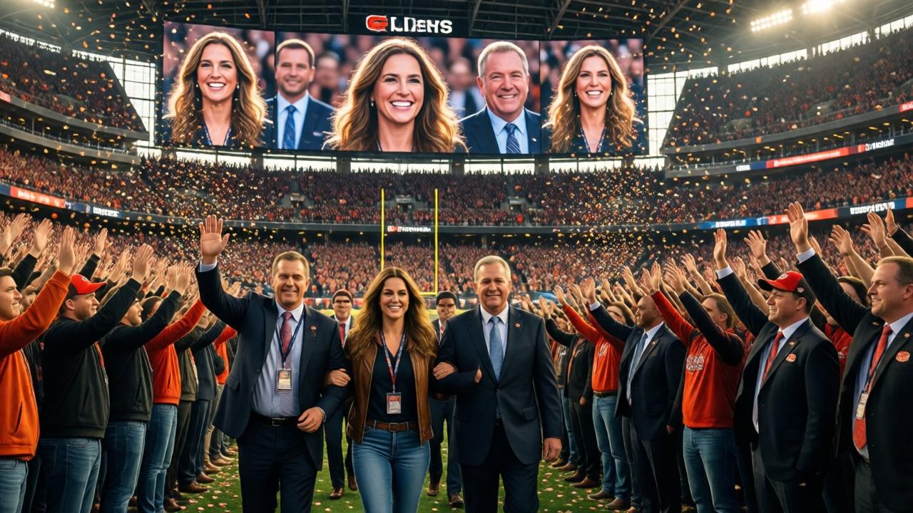 A wide, triumphant shot of the stadium. Margaret is being escorted off the field by Jerry Jones and team officials, waving to the ecstatic, standing crowd. Confetti rains down as the giant stadium screens show her face smiling. The style is epic and celebratory, with warm, golden lighting. The mood is victorious and heartwarming, the culmination of an unbelievable public transformation.