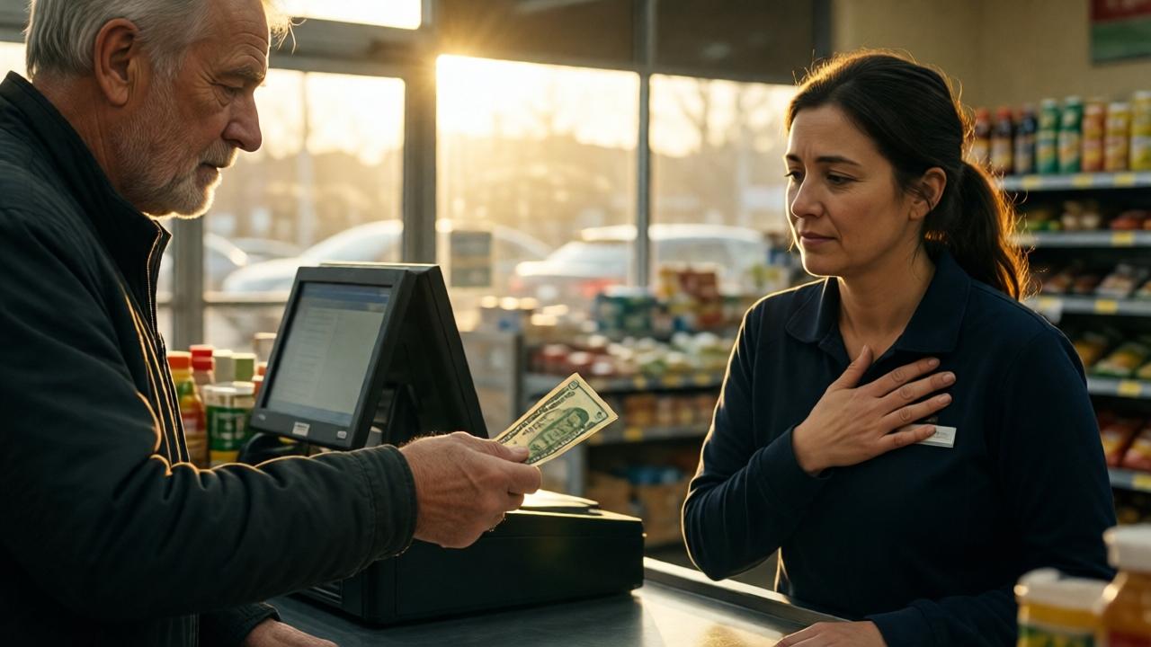 An emotional moment inside a quiet grocery store. An elderly man holds out a worn twenty-dollar bill towards the young cashier across the counter. Late afternoon sunlight streams through the store windows, creating long shadows and a golden glow. The cashier has a hand over her heart, her expression one of deep empathy. The composition is intimate, shot from a low angle to emphasize the dignity of the moment. The mood is bittersweet and heartfelt, with a focus on the exchanged gesture and the raw emotion on their faces.