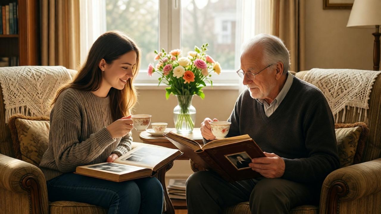 A heartwarming scene in a cozy, sunlit living room. The young woman and the elderly man sit across from each other in armchairs, sharing tea and looking at a old photo album. Warm, natural light fills the room, highlighting a vase of fresh flowers on the table. The composition is peaceful and balanced, symbolizing their newfound friendship. The style is soft and realistic, with a focus on comfort and connection. The mood is hopeful and serene, showing the lasting impact of a simple good deed.