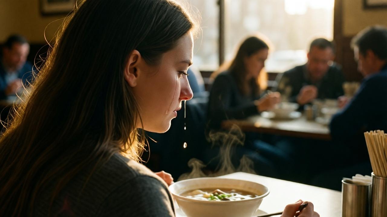 A cinematic shot from behind a young woman sitting alone at a restaurant table, her shoulders slightly slumped. A bowl of soup is before her, and a single, perfect tear is caught in the light as it falls from her cheek towards the broth. The restaurant background is softly blurred, with other patrons as indistinct, judgmental shapes. Warm, golden-hour lighting streams through a window, highlighting the tear and her profile, creating a mood of poignant isolation. Style: photorealistic, emotional, with a shallow depth of field.