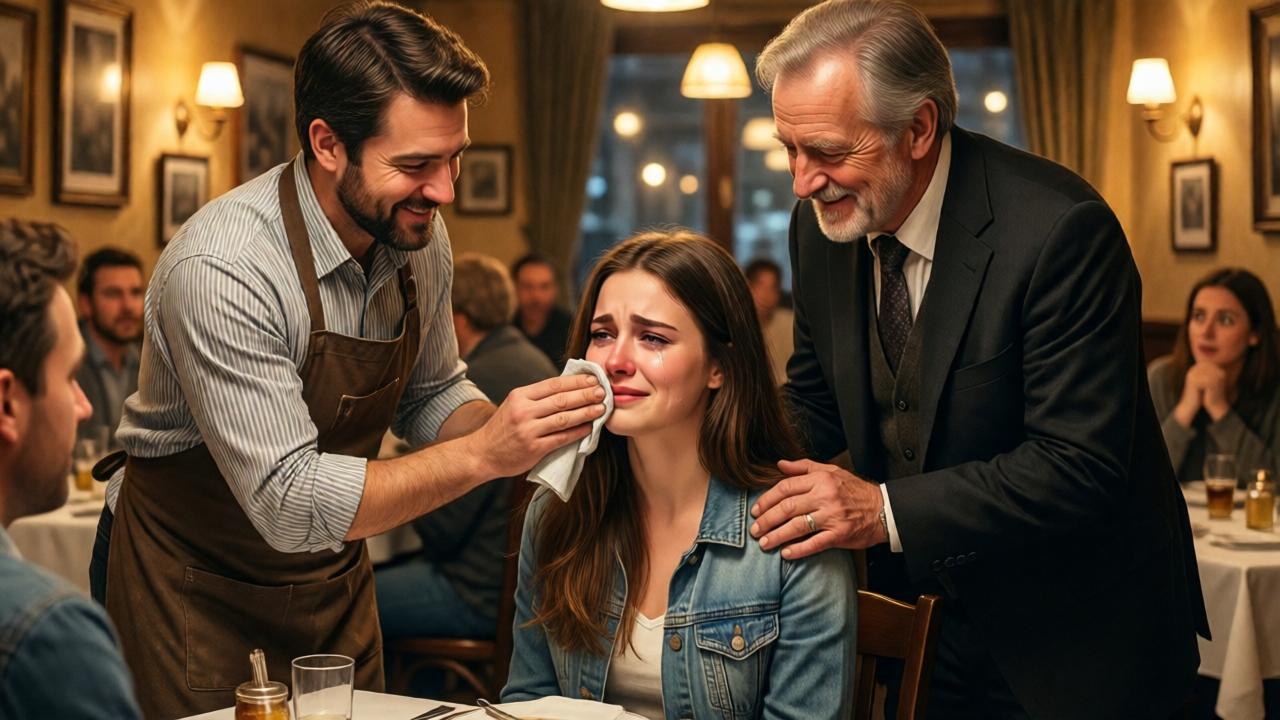 A heartwarming scene in a cozy restaurant. A kind-faced waiter in an apron is gently wiping the cheek of a tearful young woman at a table. An older man, the manager, stands beside them with a hand on the waiter's shoulder, smiling warmly down at the pair. The lighting is soft and amber, casting a glow on the intimate moment. Other customers in the background are watching with softened, surprised expressions. Style: realistic painting, emphasizing emotional connection and warmth.