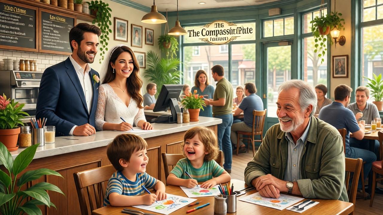 A vibrant, joyful scene years later inside 'The Compassion Plate' restaurant. A now-married couple, Leo and Clara, stand behind the counter smiling, with an older man, Arthur, sitting contentedly at a table nearby. Two small children are laughing and drawing on paper placemats. The restaurant is bustling and full of light, with plants and photos on the walls. The mood is one of legacy, family, and enduring kindness. Style: bright, detailed illustration, reminiscent of a heartwarming storybook finale.