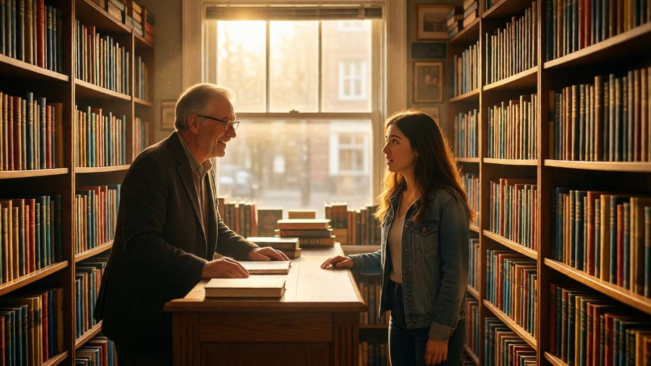 A detailed, photorealistic scene of a small, cozy bookstore interior, viewed from the entrance. Warm, golden afternoon light streams through a large window, illuminating dust motes in the air. Wooden shelves are packed with colorful books. A kind-looking man in his sixties with glasses stands behind a polished wooden counter, smiling warmly at a young woman who has just entered, her expression one of shock and recognition. The mood is nostalgic, magical, and intimate. Style: cinematic, with soft focus and rich colors.