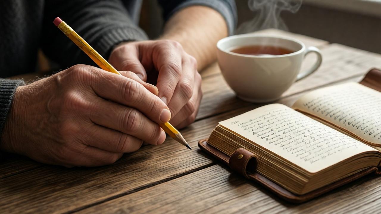 A close-up, intimate shot of two hands—one older, one younger—holding a single, well-used yellow pencil on a rustic wooden table. Next to it sits an open, leather-bound journal with elegant handwriting and a steaming cup of tea. The lighting is soft and directional, creating a warm glow on the objects. The mood is reflective, symbolic, and heartfelt, emphasizing the connection between past and present. Style: still life photography with a shallow depth of field.