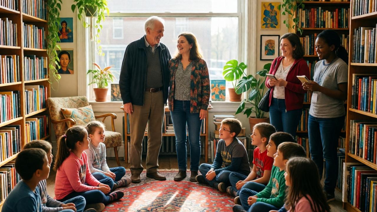 A vibrant, bustling scene inside The Pencil & Promise Bookshop during a community event. Arthur and Clara, now older, stand together smiling, surrounded by children sitting on colorful rugs listening to a story. Sunlight filters through the window, highlighting books and happy faces. The shop is decorated with plants and art. The mood is joyful, communal, and full of life, showing the legacy of kindness. Style: bright, documentary-style photography with a warm color palette.