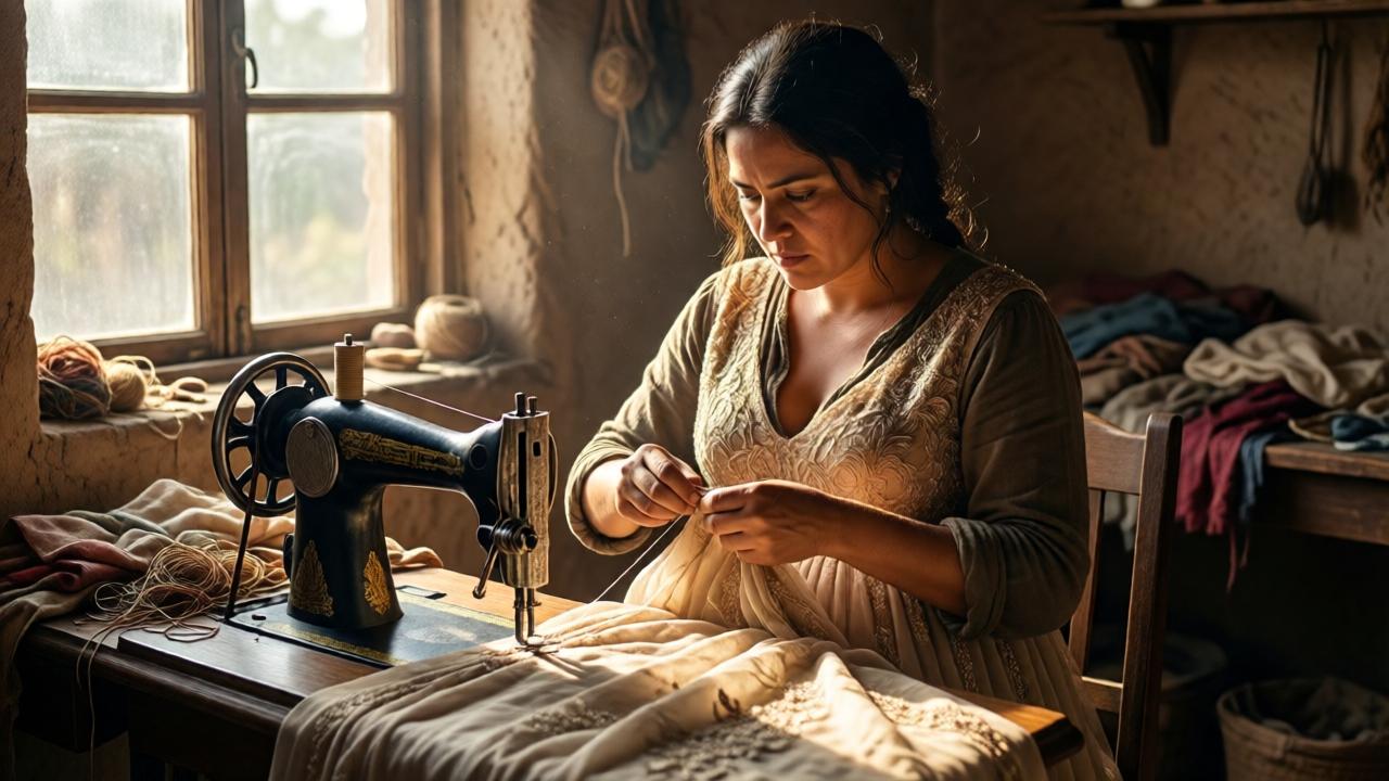 A powerful, cinematic image of a woman, Elara, standing in a humble but sunlit workshop. She is visibly pregnant, wearing simple clothes, her hands are calloused but steady as she meticulously sews a delicate, high-fashion gown on an old sewing machine. Sunlight streams through a dusty window, illuminating fabric scraps and threads. The mood is one of fierce determination and quiet craftsmanship, contrasting her rough surroundings with the elegance of the garment she creates. Style: photorealistic, dramatic lighting. Colors: warm sunlight tones contrasting with the rich fabric colors. Composition: medium shot, focusing on her hands and focused expression.