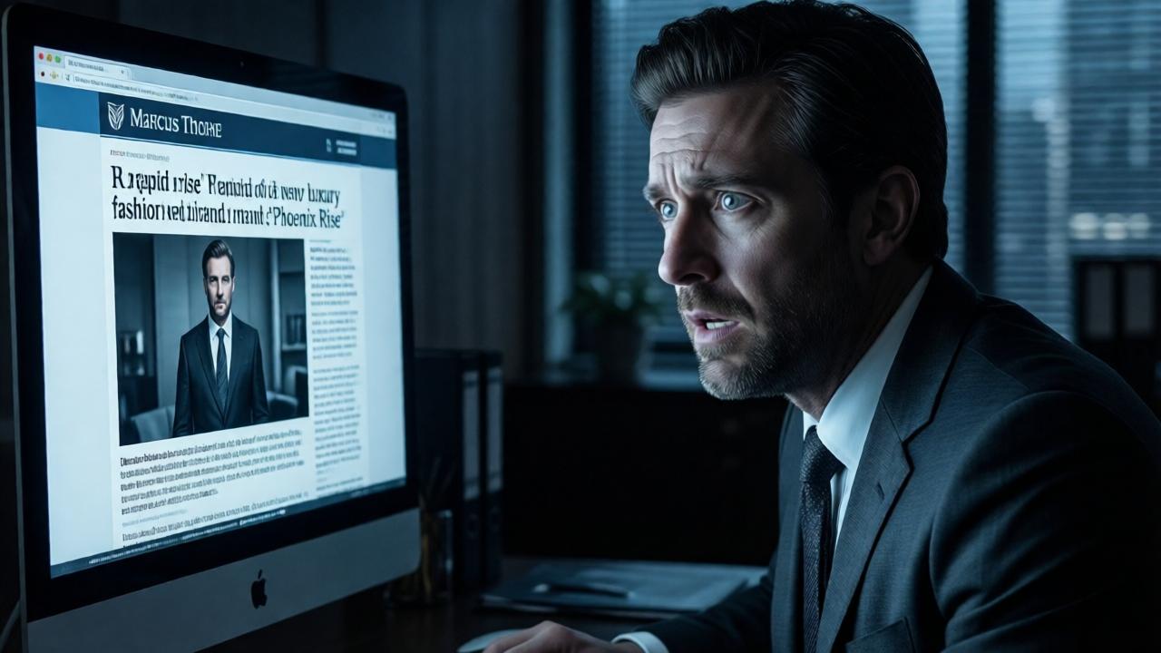 A tense, shadowy scene in a luxurious modern office. Marcus Thorne, a billionaire in an expensive suit, is staring at a computer screen, his face pale and horrified. On the screen is a news article or financial brief highlighting the rapid rise of a new luxury fashion brand named 'Phoenix Rise'. A subtle logo is visible. The mood is one of dread and realization. Style: dark, cinematic, with high contrast. Lighting: cold blue light from the monitor illuminating his shocked face, the rest of the room in deep shadow. Colors: muted, dominated by blues, grays, and the stark white of the screen. Composition: close-up on his face, the screen's glow reflecting in his wide eyes.
