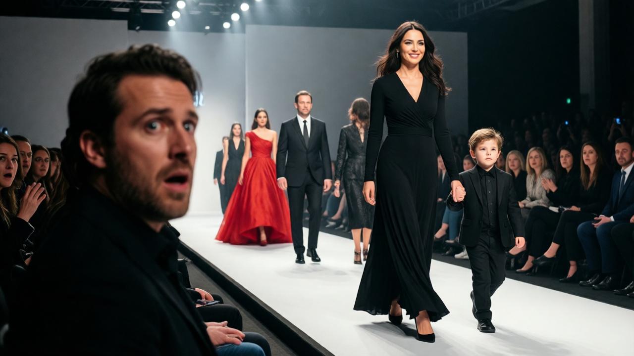 The dramatic finale of a fashion show. Elara, now a confident and elegant designer, walks onto the runway at the end of her show, holding the hand of her young son, Leo. They are both dressed in black. She is smiling a triumphant, serene smile. In the foreground, out of focus but recognizable, Marcus Thorne is seen in the front row, half-rising from his seat, his face a mask of utter shock and dawning horror as he stares at them. The mood is victorious and poetic. Style: high-fashion photography, dramatic spotlight. Lighting: strong spotlights on Elara and Leo, the audience in softer light. Colors: black and white with the pop of Elara's red gown on the models behind her. Composition: wide shot capturing the entire scene of the runway and the shocked front row.