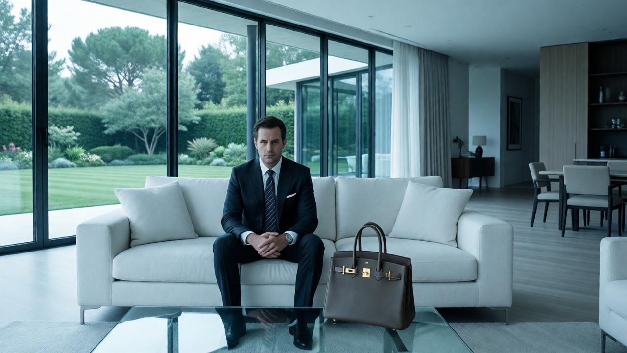 A stark, cinematic scene inside a modern minimalist mansion. A man in an expensive suit sits alone on a large white sofa in a vast, cold living room with floor-to-ceiling windows showing a manicured garden. The lighting is cool and clinical. He stares blankly at a luxurious handbag placed on a glass table, his expression one of deep contemplation and disillusionment. The composition is wide, emphasizing his isolation in the opulent space.