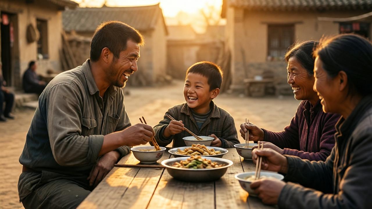 A warm, golden-hour scene in a rustic village square. A man in simple work clothes and his son are laughing with a group of villagers, sharing a meal at a long wooden table outdoors. The lighting is soft and golden, casting long shadows. The mood is joyful and communal, with bowls of simple food, laughter lines on faces, and a sense of genuine connection. The composition is inviting, drawing the viewer into the circle.