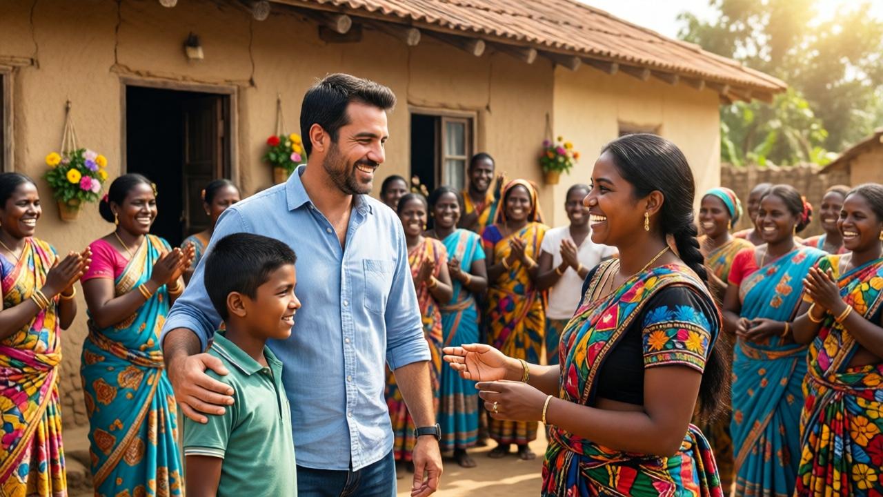 A hopeful scene at a village community center opening. A father and his adult son stand together, smiling warmly at a young woman who is a teacher. They are surrounded by celebrating villagers of all ages. The building is modest but beautiful, built with local materials. The mood is one of celebration, community, and bright future. The lighting is bright and sunny, with vibrant colors of traditional clothing and flowers. The composition is uplifting and forward-looking.