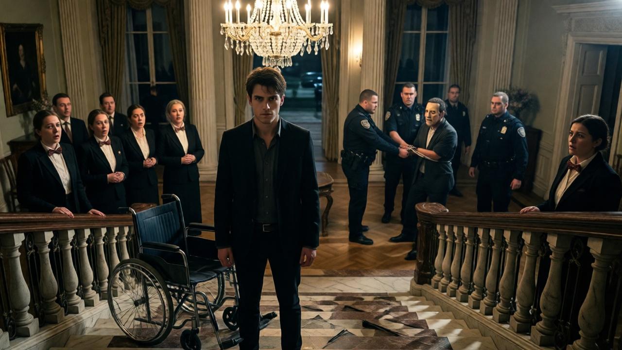 A dramatic, cinematic scene in a dimly lit, opulent mansion foyer at night. A young man, Noah, stands tall and determined at the bottom of a grand marble staircase, a shattered wheelchair nearby. He looks directly at the viewer with intense, knowing eyes. Around him, shocked servants are frozen in place, their faces illuminated by the warm glow of a crystal chandelier. In the background, police officers are leading a handcuffed man with a distorted, half-removed silicone mask away. The mood is tense and revelatory, with high contrast between shadows and light, emphasizing mystery and resolution. Shot with a wide-angle lens to capture the scale of the drama.