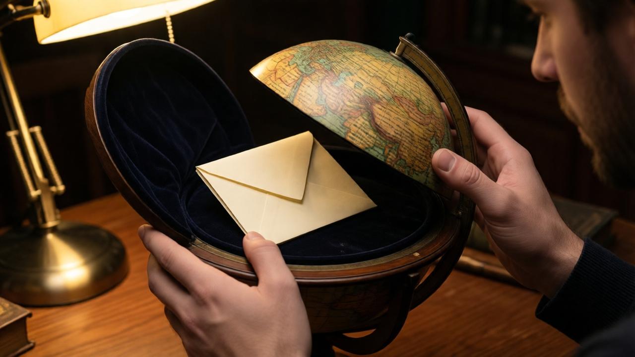 A close-up, intimate shot of a young man's hands discovering a hidden compartment in an antique world globe. The compartment is small and lined with dark velvet, containing a single, crisply folded piece of cream-colored stationery. The hands are trembling slightly with anticipation. Warm, focused light from a desk lamp illuminates the paper and the intricate details of the globe's geography, leaving the rest of the wood-paneled study in deep, mysterious shadow. The mood is one of urgent discovery and hidden knowledge.