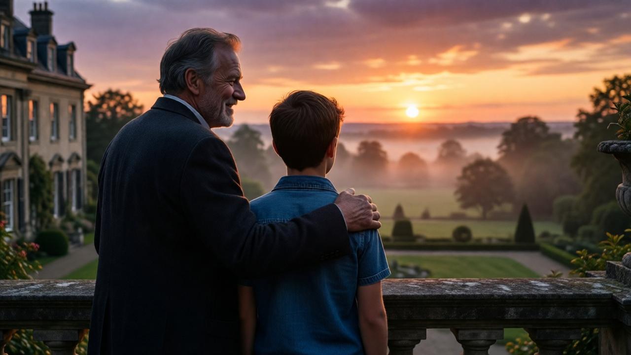 An emotional, hopeful scene at dusk on a grand mansion terrace. An older, weary but smiling man, William, stands with his arm around the shoulders of his son, Noah, who stands strong and upright. They look out over sprawling, misty gardens as the sun sets in hues of orange and purple. The lighting is soft and golden, symbolizing a new beginning. The composition is slightly from behind, capturing their silhouettes against the vast estate, emphasizing family, recovery, and reclaimed peace. The mood is contemplative and victorious.