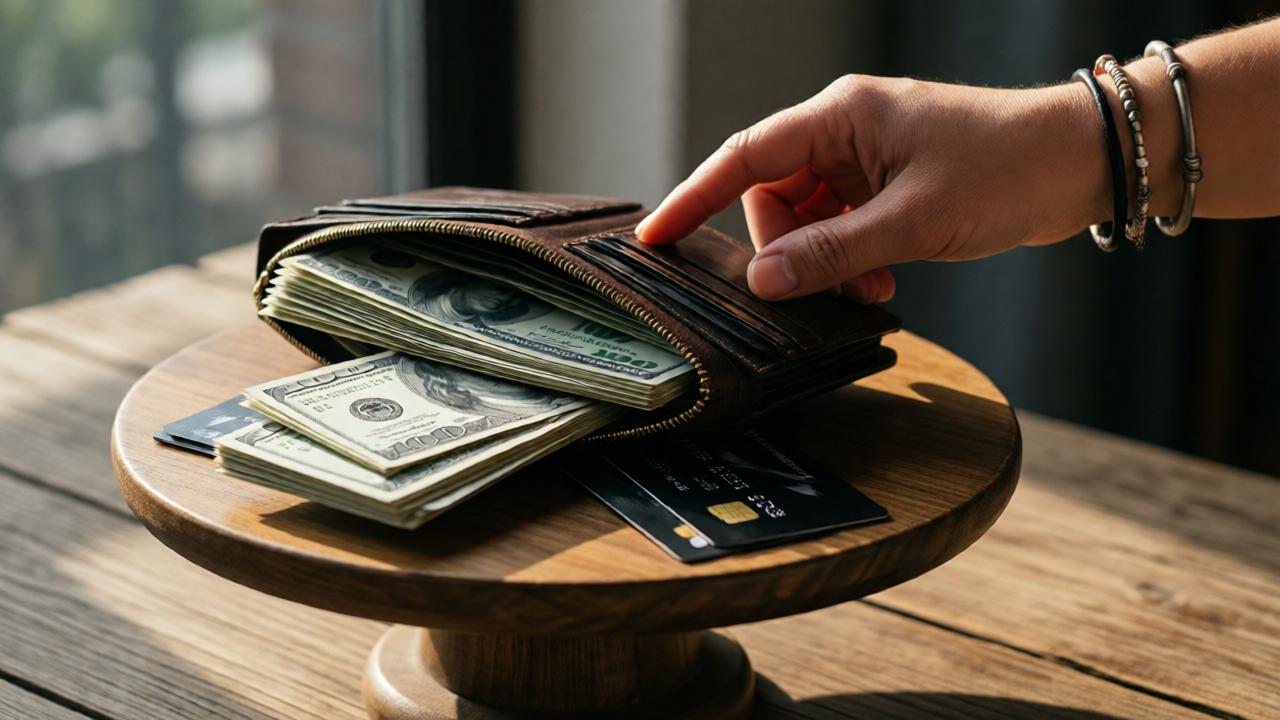 A detailed close-up of a leather wallet lying open on a rustic wooden cookie stand. The wallet is overflowing with high-denomination banknotes and shiny black credit cards. A woman's hand with simple bracelets is gently touching the edge of the wallet, conveying hesitation. The early morning light casts long shadows, highlighting the texture of the money and the worn wood. The background is softly blurred, focusing on the moral dilemma in the foreground. Style: photorealistic with dramatic lighting. Mood: tense and contemplative.