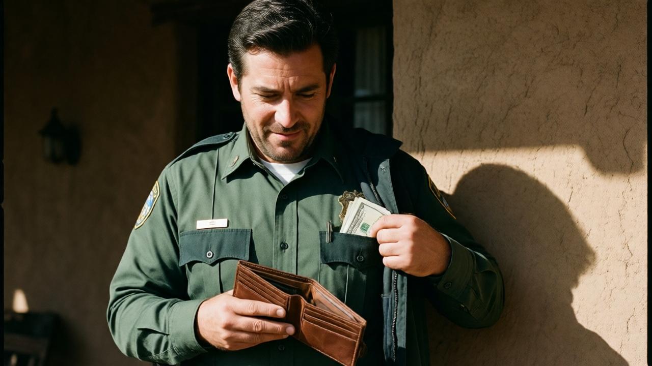 A medium shot of a ranch security guard, Luis, standing in the shadow of a grand hacienda-style ranch house. He is looking down at an empty leather wallet in his hand with a sly, calculating expression. One hand is discreetly slipping a wad of cash into his jacket pocket. The lighting is harsh midday sun creating strong contrasts between light and shadow on his uniform and the adobe wall behind him. Style: cinematic, neo-noir. Mood: deceptive and ominous.