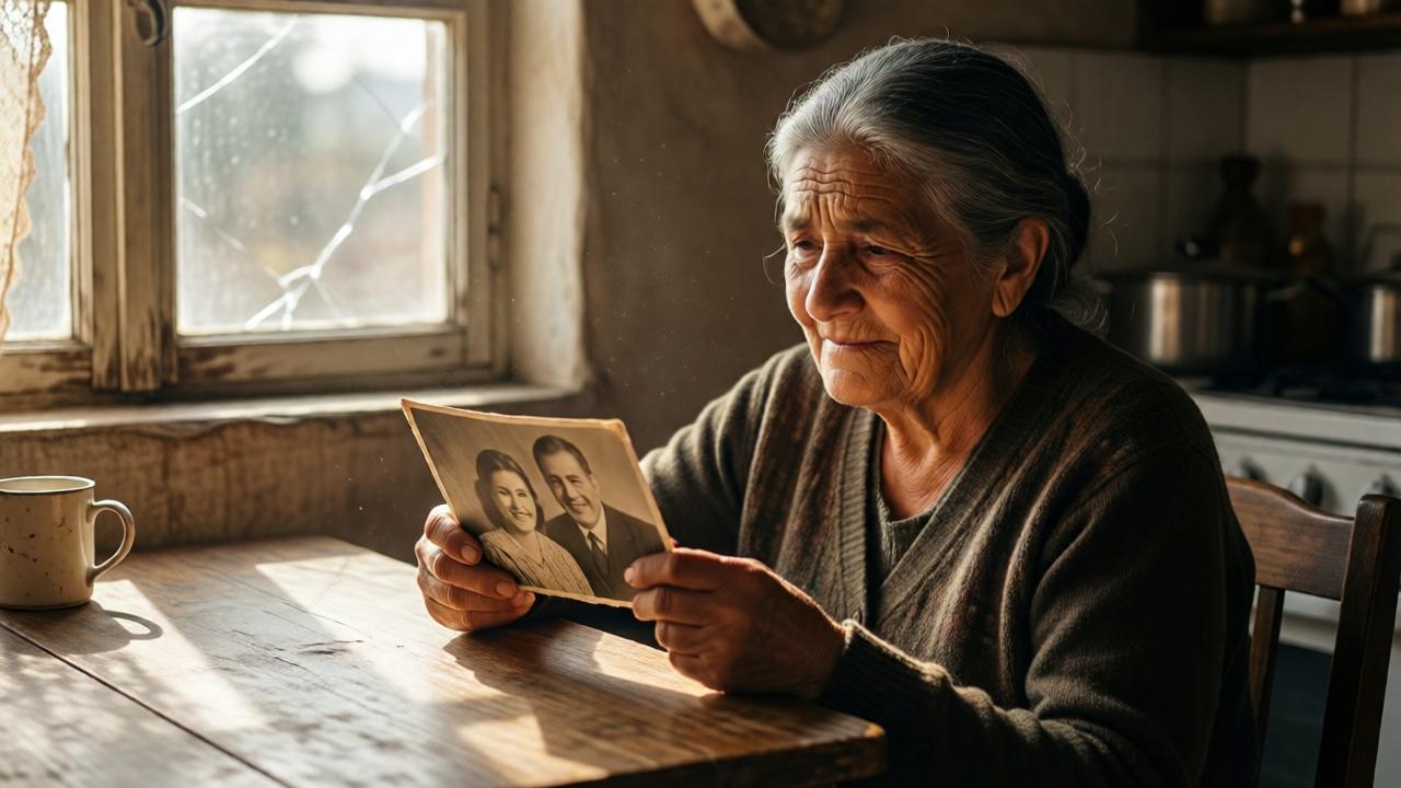 A poignant scene of an elderly woman, Doña Rosa, sitting alone in a simple, sun-dappled kitchen. She holds an old, faded photograph of herself and her husband smiling, her expression a mix of love and sorrow. Morning light streams through a window with a slightly cracked pane, illuminating dust motes in the air and the well-worn surface of a wooden table. The style is photorealistic with a warm, slightly faded color palette, evoking memory and nostalgia. The composition is intimate, a close-up focusing on her hands and face, with the humble details of her home—a chipped mug, a lace curtain—softly visible in the background.