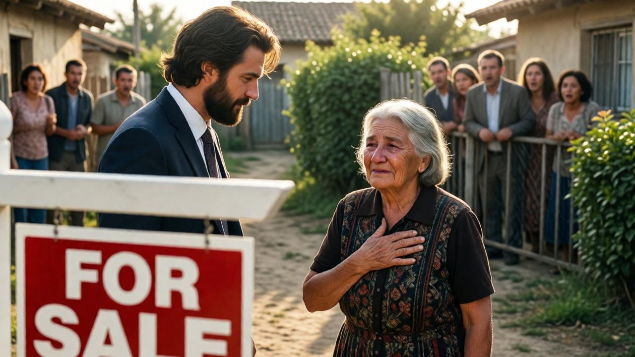 A powerful emotional moment in the dusty front yard. Leonardo, a well-dressed businessman, stands respectfully before the elderly Doña Rosa, who has one hand over her heart, tears streaming down her weathered cheeks. The iconic 'For Sale' sign is visible slightly out of focus in the foreground. In the background, a group of shocked neighbors peer from behind fences and hedges, their expressions of mockery replaced by awe and shame. The lighting is dramatic late morning sun, casting long shadows and highlighting the emotional intensity. The style is cinematic realism, with a focus on the contrast between Leonardo's modern suit and the rustic, humble setting.