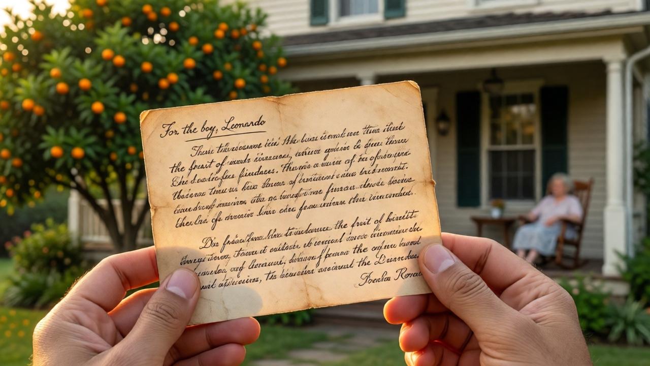 A close-up, highly detailed shot of a weathered, handwritten note on aged paper, held gently in the hands of Leonardo. The text, in elegant cursive, is partially visible, including the phrases 'For the boy, Leonardo' and 'the fruit of kindness...' In the soft background, out of focus, is the fully restored but characterful house, with the orange tree in bloom and Doña Rosa sitting peacefully in her rocking chair on the porch. The lighting is warm golden hour, creating a glow around the note and hands. The style is evocative and textured, emphasizing the timelessness of the message and the tangible connection between past and present.