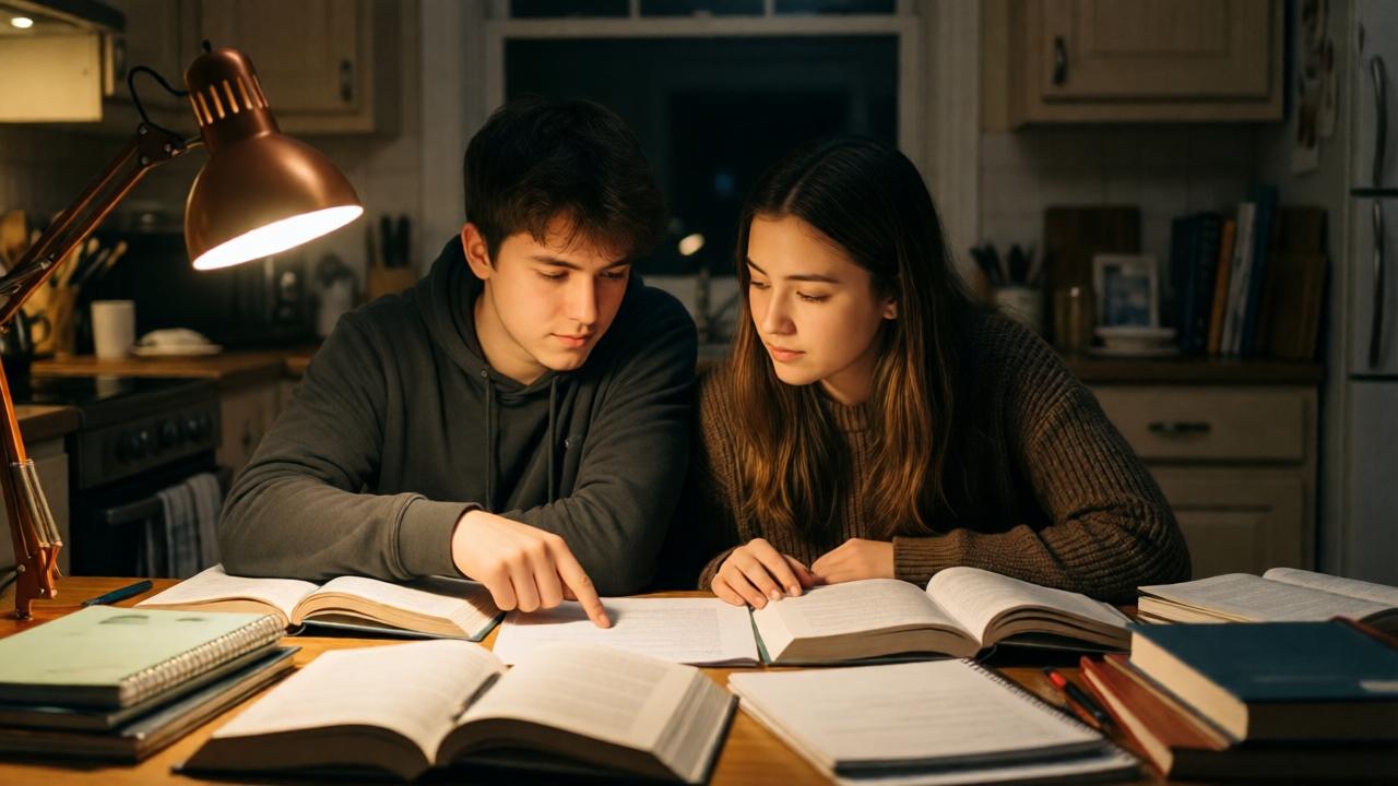 An intimate, softly lit scene at a kitchen table at night. Two teenagers, a young man and a young woman, are surrounded by open textbooks and notebooks. A single warm lamp illuminates their focused faces. They are leaning over a shared paper, the young man pointing at something while the young woman listens intently. The room is cozy and slightly messy, suggesting a long study session. The mood is concentrated, supportive, and peaceful. Style: realistic with a focus on expressive lighting and detail.