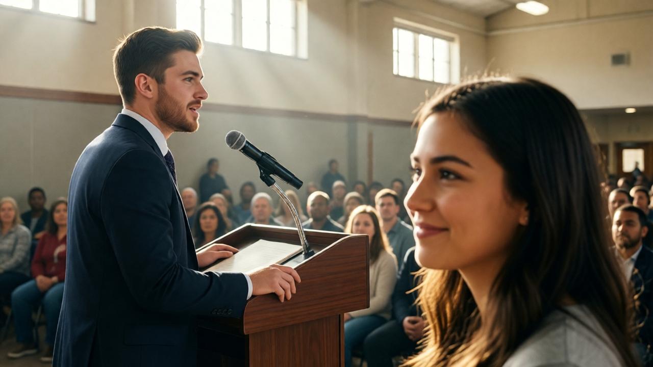 A powerful, emotional scene of a young man speaking at a podium at a community center dedication. He is well-dressed, confident, and looking out at a diverse audience. In the foreground, slightly out of focus, a young woman in the front row watches him with immense pride and affection, a soft smile on her face. Sunlight streams through high windows, creating a hopeful, uplifting atmosphere. The composition balances the speaker's public moment with the private, supportive gaze of his friend. Style: photorealistic and emotionally resonant.