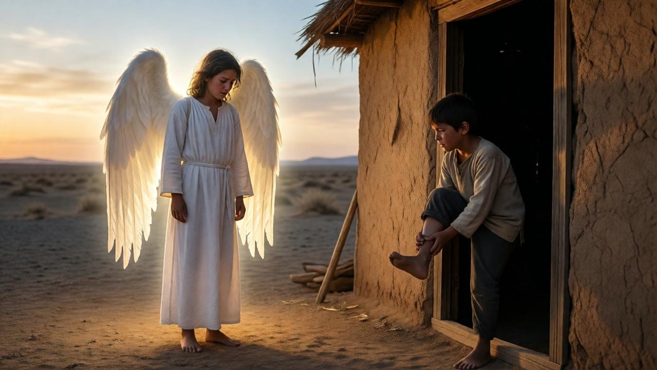 A detailed scene of a desert hut at dusk. A boy with a pained expression stands in a doorway, clutching his injured foot. Before him, radiating a soft, ethereal glow, stands an angel with large, feathered wings, dressed in simple white robes. The mood is one of awe and sudden, quiet confrontation. The lighting is dramatic, with the last golden rays of the sun casting long shadows, contrasting with the angel's internal luminescence. The composition focuses on the two figures, with the vast, empty desert stretching behind them. Perspective is from a low angle, emphasizing the boy's looking up.