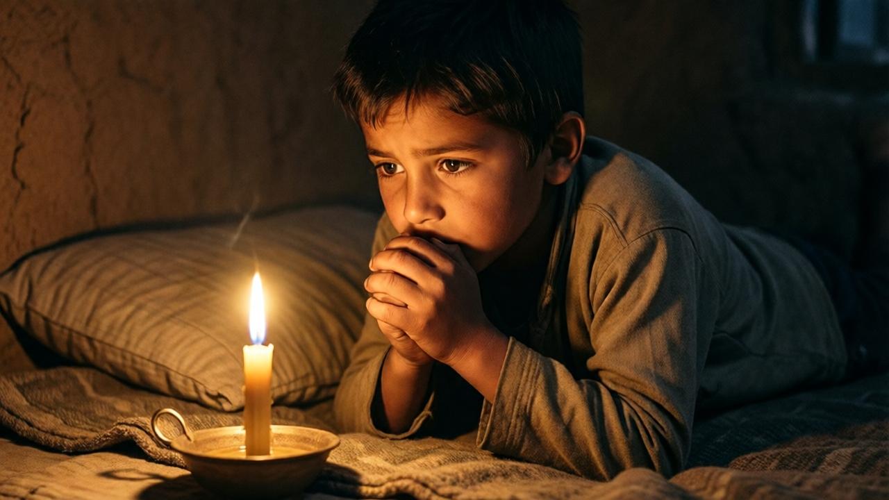 A close-up, intimate scene of the boy kneeling by his简陋 bed at night. A single candle illuminates his weary but determined face as he whispers his prayer. The mood is one of quiet perseverance and fragile hope. The lighting is warm and focused from the candle, casting deep shadows around the room, highlighting the texture of the rough blankets and clay walls. The color palette is earthy and muted—browns, ochres, and the golden candlelight. The composition is tight on his face and hands, creating a sense of introspection.