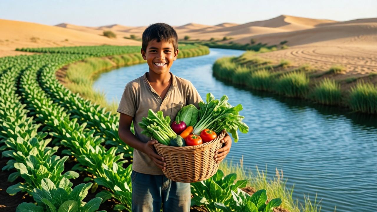 A vibrant, hopeful scene of transformation. The boy, now healthy and strong, stands in a small, thriving oasis he has cultivated. He is smiling, holding a basket of ripe vegetables, with a gentle river flowing beside him and green crops growing in neat rows. The mood is joyful and abundant. The lighting is bright, clear morning light, showcasing the vivid greens of the plants and the blue of the water against the soft gold of the remaining sand. The composition is wide, showing the contrast between the new oasis and the distant desert, symbolizing the change.