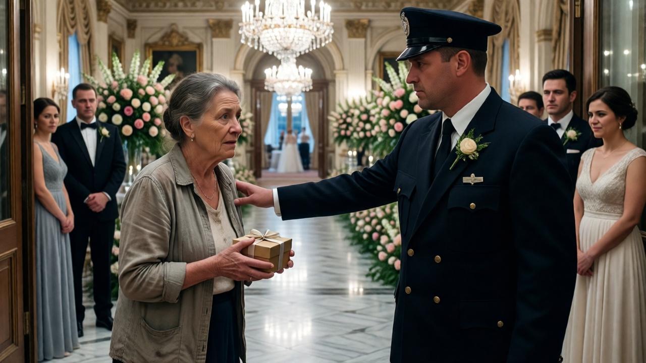 A poignant scene in a grand wedding venue entrance hall. An older woman, Marion, in simple, slightly worn clothing, stands nervously clutching a small gift box. She faces a stern, formally dressed security guard who blocks her path. Behind them, opulent marble floors, towering floral arrangements, and a glimpse of a lavish ballroom with crystal chandeliers. A few elegantly dressed wedding guests in the background look on with expressions of disdain and amusement. The lighting is bright and cold from the chandeliers, contrasting with the warm, vulnerable light on Marion's face. Cinematic, emotional, high-detail photography style.