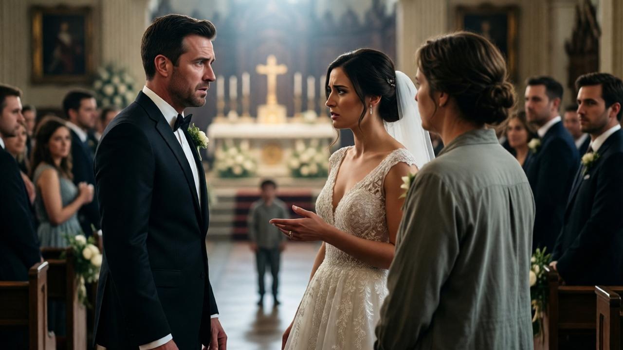 A dramatic confrontation at a wedding. Kevin, the groom in a sharp tuxedo, looks stunned and ashamed, facing his fiancée Victoria in a stunning wedding gown. Victoria's expression is one of profound disappointment and moral clarity as she gestures toward Marion, who is turned away, a small, lonely figure in simple clothing. They stand in a grand hallway leading to the altar, with opulent decor and blurred, watching guests in the background. The lighting is dramatic, with a spotlight effect on the three central figures, highlighting the emotional intensity. Photorealistic, cinematic style with deep shadows and contrasting emotions.