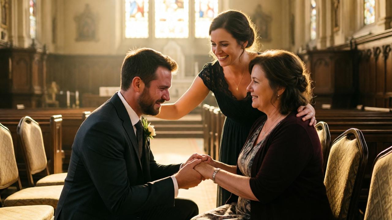 The emotional resolution inside the wedding hall. Kevin, now crying, is on one knee holding his mother Marion's hands. Victoria stands beside them, one hand reassuringly on Kevin's shoulder, smiling warmly at Marion. They are in the front row of the ornate venue, with empty chairs around them. Soft, golden-hour-style light streams through stained glass or large windows, bathing the scene in a warm, forgiving glow. The opulent decor is now a backdrop to the raw, human connection. The style is photojournalistic, capturing an intimate, powerful moment of reconciliation and love.