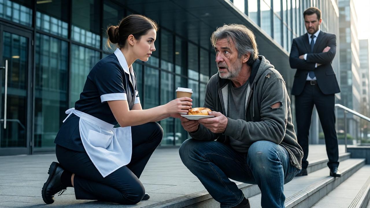 A powerful, cinematic scene on the steps of a modern glass office building. A young woman in a simple janitor's uniform is kneeling on cold concrete, gently handing a coffee and a bagel to a disheveled older man in a torn hoodie. His face shows profound surprise and gratitude. In the background, a well-dressed executive looks on with fury and contempt, his arms crossed. The lighting is stark morning light, creating long shadows and highlighting the contrast between compassion and cold corporate indifference. Shot from a low angle to emphasize the kneeling figure's dignity.