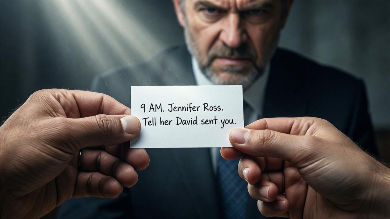 A close-up shot of a weathered hand holding a pristine white business card. The card is being offered to a younger, slightly calloused hand. On the back of the card, handwritten text is visible: '9 AM. Jennifer Ross. Tell her David sent you.' The focus is on the card and the hands, with the blurred, imposing figure of an angry executive in the background. The lighting is dramatic, with a shaft of light illuminating the card as a symbol of hope and impending change.