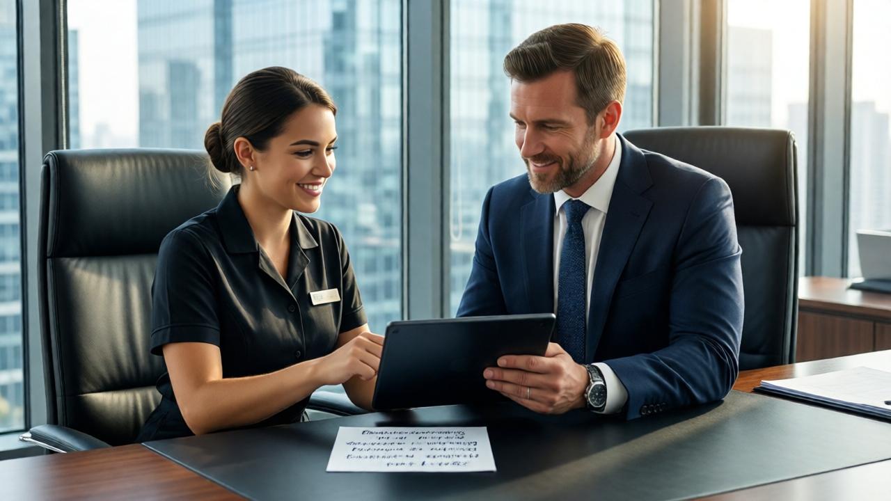 A contrasting scene inside a sleek, modern CEO's office. The same janitor, Emma, now sits confidently in a chair across from David Harrison, who is now clean-shaven and wearing an expensive suit. They are reviewing plans on a tablet. On the desk between them lies the same handwritten business card. Sunlight streams through floor-to-ceiling windows, symbolizing transparency and a new beginning. The mood is one of focused collaboration and positive change.