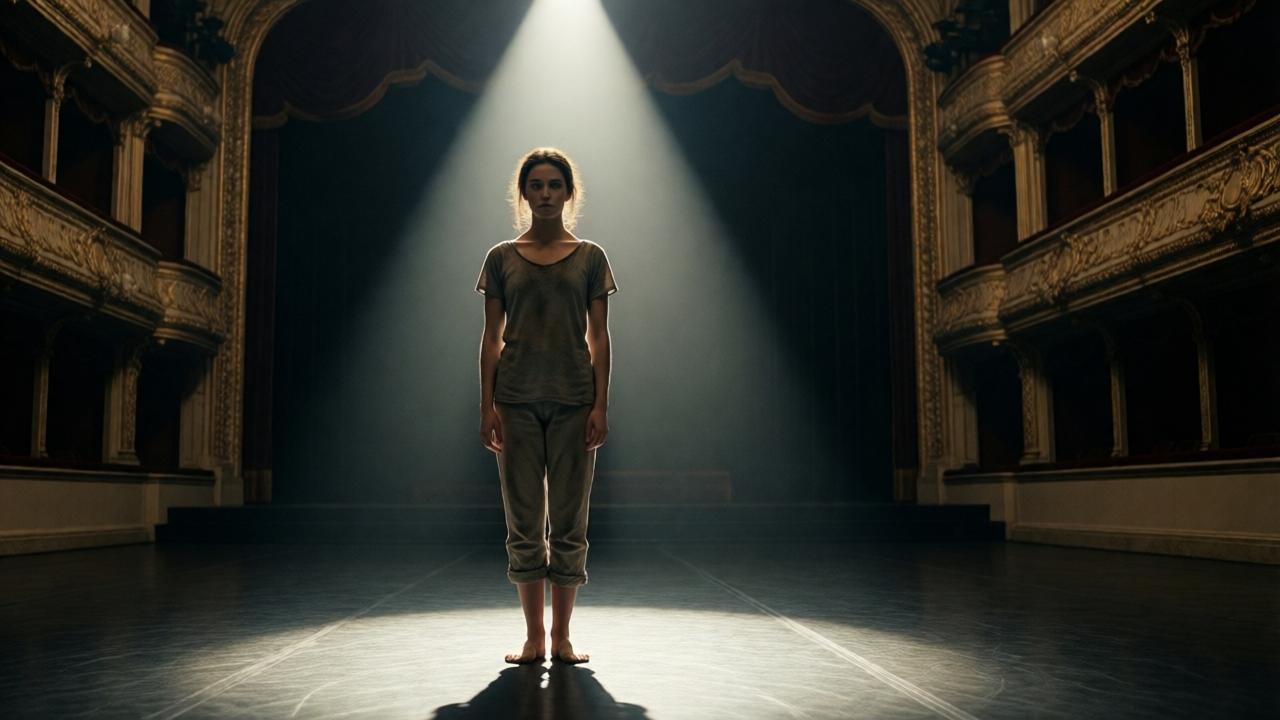 A powerful, cinematic image of a young woman, Natalie, standing alone in the center of a grand, empty ballet studio. She is barefoot, wearing simple, worn clothing, her posture is straight and poised despite her circumstances. A single, dramatic spotlight from above illuminates her, creating a stark contrast with the shadowy, luxurious studio around her. The mood is tense, anticipatory, and emotionally charged. The composition is a medium shot, low-angle perspective, emphasizing her solitary defiance against the vast space. The color palette is muted with deep shadows and a warm, focused beam of light on her figure.