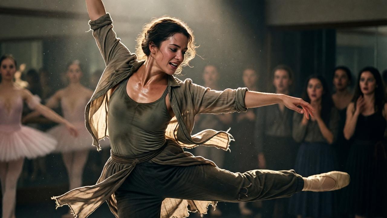 A dynamic, emotional shot capturing Natalie mid-dance in the ballet studio. Her movement is fluid and powerful, her expression one of intense focus and raw emotion. She is in a leap or a deep arabesque, her worn clothes flowing with the motion. The lighting is dramatic, with the spotlight catching the dust in the air and the sweat on her skin. In the blurred background, the silhouettes of the other ballerinas and Isabella watch, their faces visible and showing shock, awe, and dawning respect. The style is photorealistic with a cinematic, high-contrast quality, emphasizing the movement and emotional impact.
