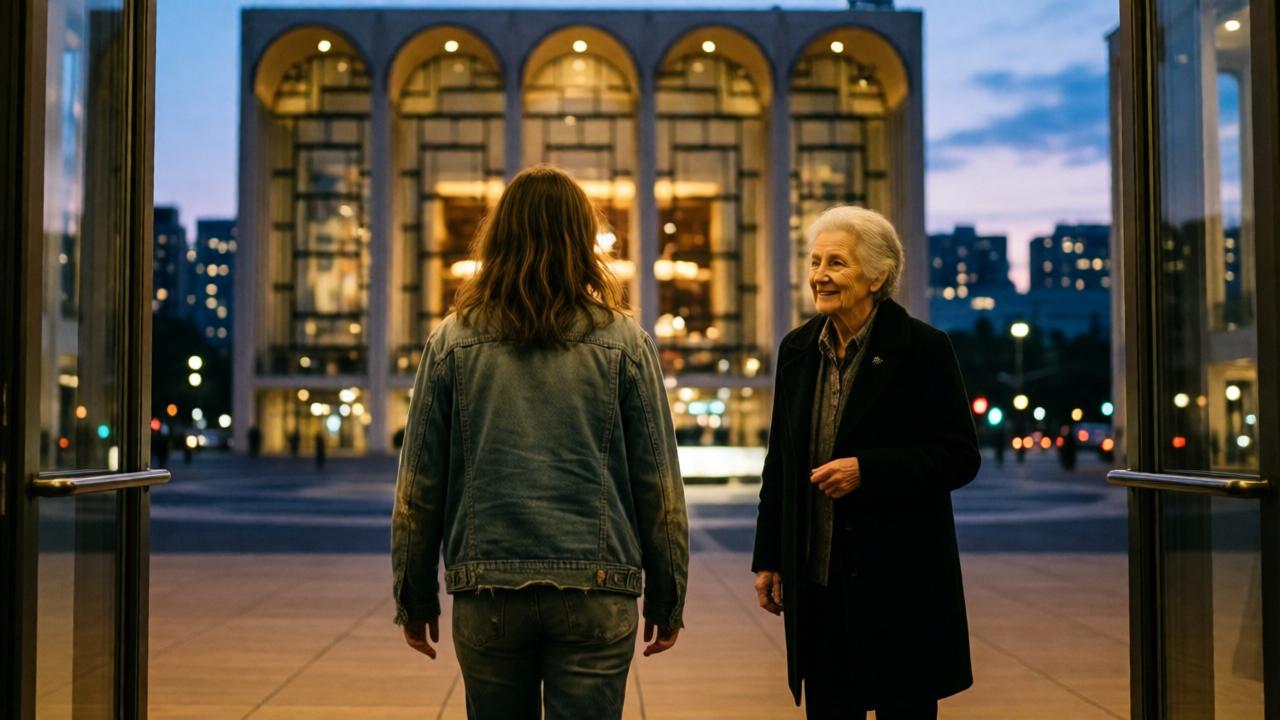 A poignant scene at the exit of the Lincoln Center theater at dusk. Natalie is seen from behind, a small figure in worn clothing, walking away from the grand, illuminated building. Martha, the old woman, stands slightly to the side, watching her with a gentle, proud smile. The city lights of Manhattan blur in the background, creating bokeh effects. The mood is hopeful, bittersweet, and cinematic. The composition uses a shallow depth of field, focusing on Natalie's retreating form. The colors are cool blues and purples of twilight, contrasted with the warm gold light spilling from the theater doors.