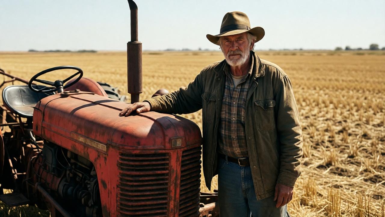 A weathered, elderly farmer named Virgil stands alone beside a rusted red tractor in a sun-scorched field at midday. His hand rests gently on the tractor's faded hood. The scene is cinematic, with a mood of quiet dignity and isolation. The lighting is harsh, high-contrast sunlight casting deep shadows. Colors are muted earth tones of brown, faded red, and dusty yellow. Composition is wide, emphasizing the vast, empty field and the solitary figures of man and machine. Perspective is from a low angle, looking up slightly at Virgil, conveying his resilience.