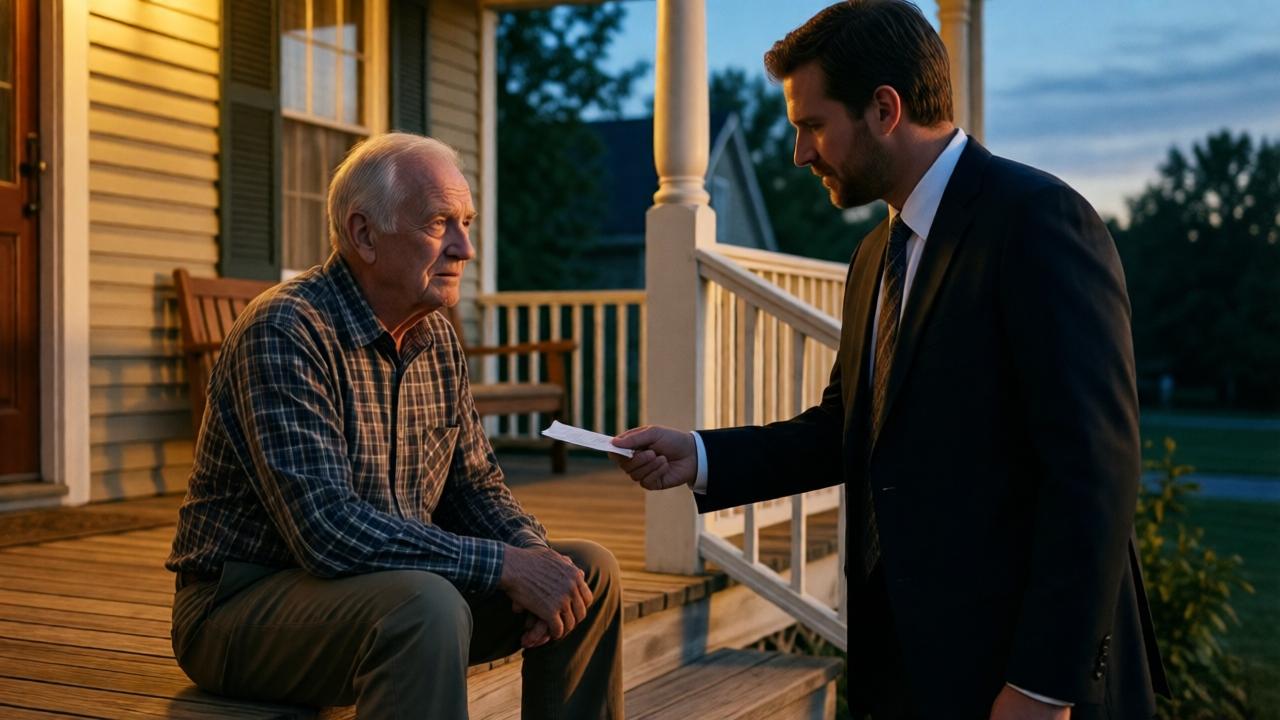A poignant scene on a farmhouse porch at dusk. An elderly man, Virgil, sits on the wooden steps, his face a mix of disbelief and profound relief. A well-dressed man, Preston, stands respectfully before him, one hand extended as if finishing a handshake or offering a check. The mood is one of quiet resolution and deep gratitude. Lighting is warm golden hour light, casting long shadows. Colors are rich amber, deep blue of the approaching evening, and the warm wood of the porch. Composition is intimate, focusing on the two men's expressions and the symbolic exchange. Perspective is at eye level, drawing the viewer into the emotional moment.