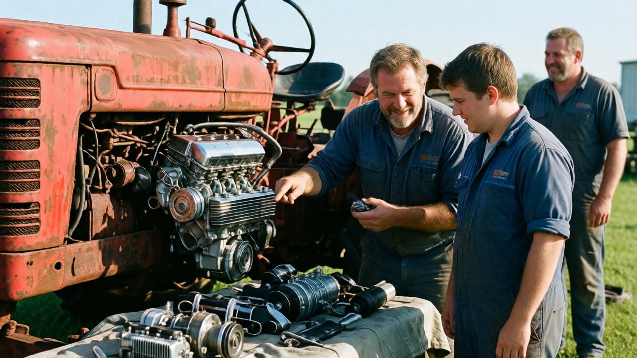 A heartwarming scene several months later. The once-rusted tractor is now partially restored, its engine block gleaming and new parts laid out on a clean tarp. Virgil, smiling softly, points to a component while a young mechanic listens intently. In the background, Preston looks on with satisfaction. The mood is hopeful, collaborative, and full of purpose. Lighting is bright, clear morning light. Colors are the vibrant red of the tractor's fresh paint patches, the green of the grass, and the blue of the sky. Composition is dynamic, showing the activity and connection between the generations. Perspective is from the side, capturing the full scene of restoration and mentorship.