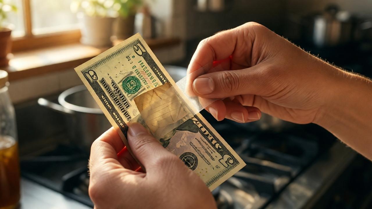 A close-up, intimate shot of a woman's hands in a sun-drenched restaurant kitchen. One hand holds a crisp five-dollar bill, the other carefully peels back a piece of translucent tape to reveal a tiny, aged piece of notepaper tucked underneath. The lighting is warm and hopeful, casting soft shadows. Focus is on the texture of the paper and the careful, reverent action. The style is photorealistic with a cinematic, emotional tone.