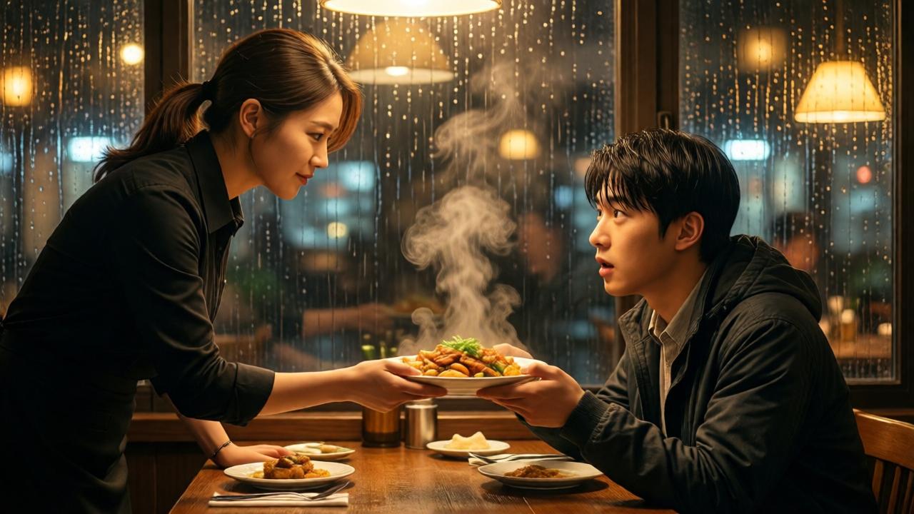 A cinematic scene in a cozy, warmly lit restaurant at night. A young manager leans over a table, offering a plate of steaming food to a surprised, rain-drenched young man. Rain streaks the window behind them, but inside, the light is golden and inviting. The composition focuses on their interaction—her kind, firm expression and his look of hesitant hope. The mood is one of quiet, transformative generosity.