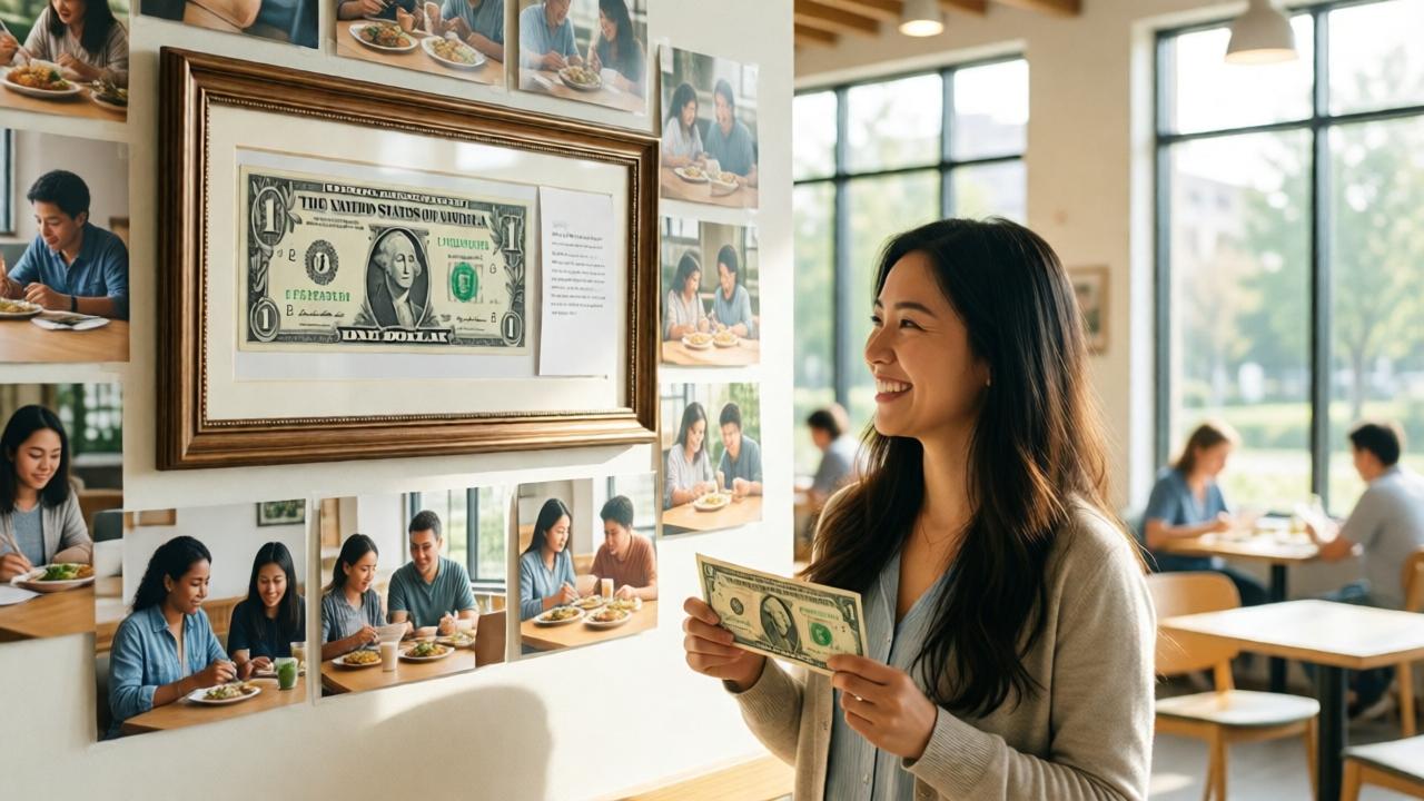 A hopeful, inspiring image of a woman standing in a modern, sunlit community center cafe. She looks at a wall where the original framed five-dollar bill and note hang, now surrounded by photos of people learning and sharing meals. She holds a new note and a five-dollar bill in her hand, smiling. The style is bright, airy, and full of light, symbolizing growth and legacy. The composition shows the past and future of kindness in one frame.