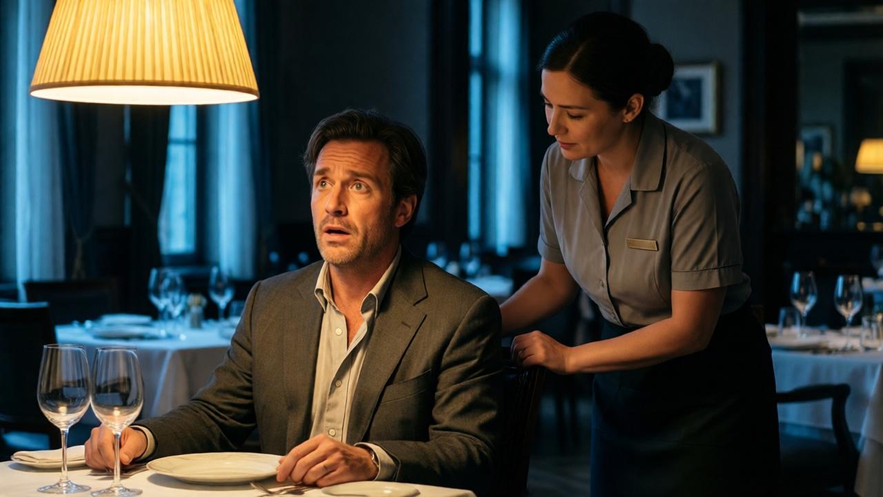 A cinematic scene in a dimly lit, elegant restaurant. A man in a rumpled suit sits alone at a table with empty wine glasses. A compassionate waitress in a simple uniform stands beside him, gently placing a hand on the back of his chair. Warm, golden light from a pendant lamp illuminates her kind expression and his shocked, uplifted face, creating a stark contrast with the cold, blue-tinged shadows of the empty dining room. The composition is intimate, focusing on their connection amidst the isolation.