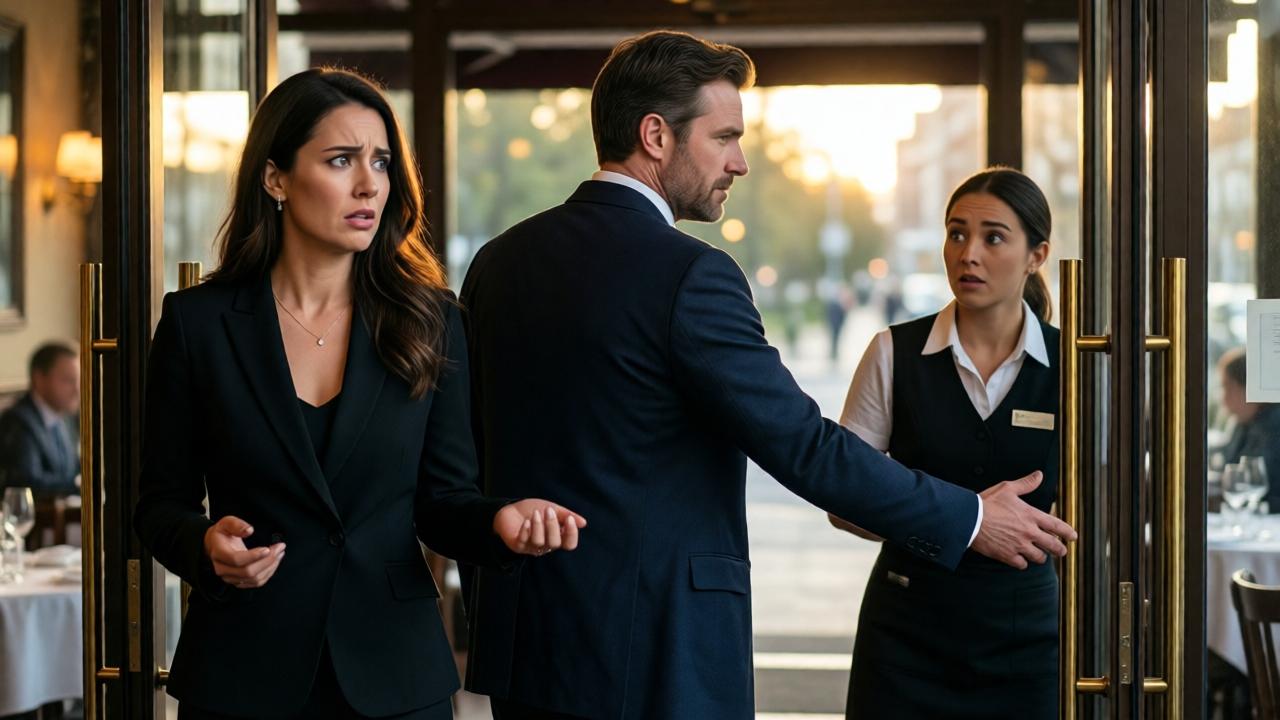 A powerful moment of confrontation and new beginnings. The scene is set at the restaurant's entrance. In the foreground, a well-dressed woman looks shocked and rejected, her hand dropping. The focus is on the man, turning his back on her, his posture resolved. He is reaching out towards a waitress who has paused, her expression one of cautious hope and surprise. Natural evening light from the glass doors streams in, symbolizing a new path, while the rich interior lighting highlights the emotional tension and transition.