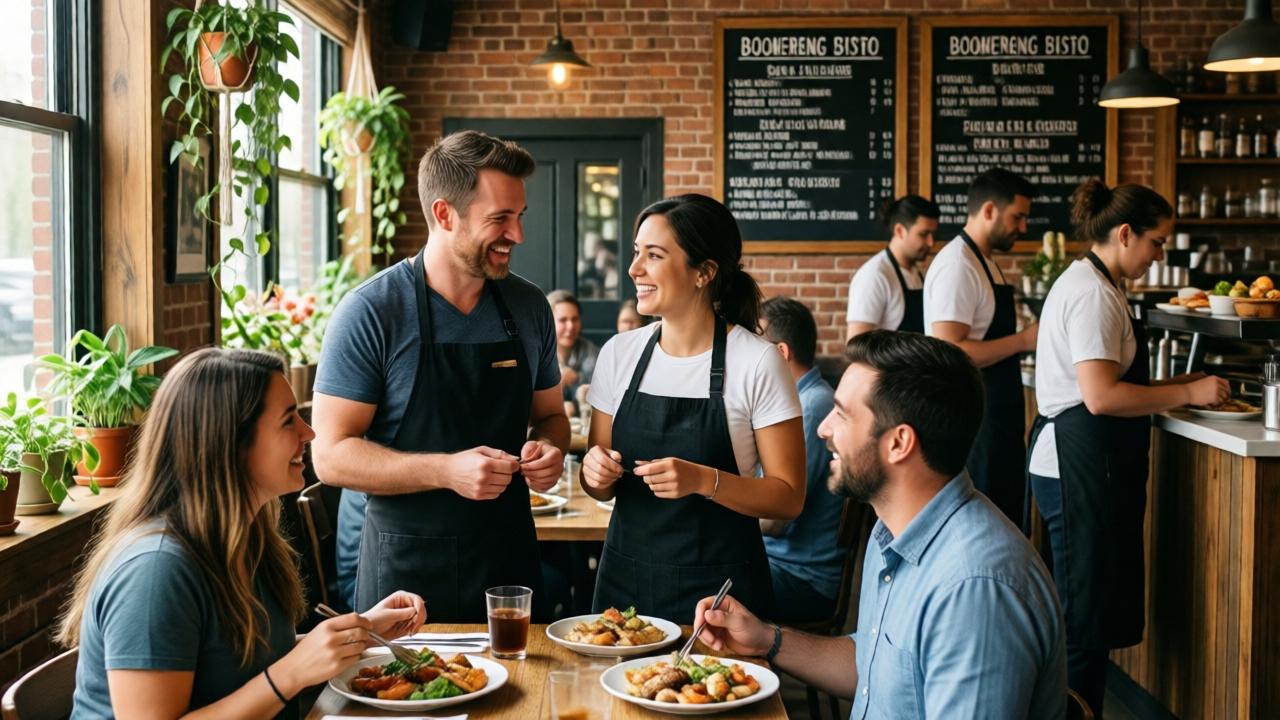 An inspiring scene one year later. The interior of a vibrant, successful bistro named 'Boomerang Bistro'. The co-owners, Mark and Sophie, are smiling and chatting with a diverse group of happy staff and customers. The atmosphere is warm and communal, with exposed brick, hanging plants, and chalkboard menus listing local farm partnerships. Sunlight pours through large windows, illuminating shared plates of food and faces filled with genuine connection. The image captures the joy of a business built on partnership and repaid kindness.