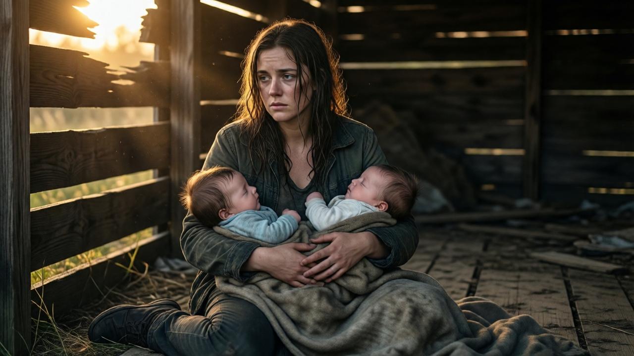 A cinematic, somber scene at dusk inside an abandoned wooden roadside stall. A young woman, Emily, sits exhausted on the floor, her clothes damp. She gently cradles two sleeping infant boys wrapped in a single blanket. Faint, golden late-afternoon light slants through broken wooden slats, illuminating dust motes and highlighting her determined, weary expression. The composition is intimate, focusing on the protective circle of her arms around the babies. The mood is one of desperate resilience.